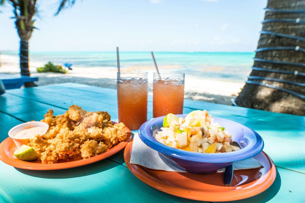 A table with food at a Grand Cayman Island Restaurants.